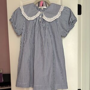 Blue and White Striped Dress with Lace Collar